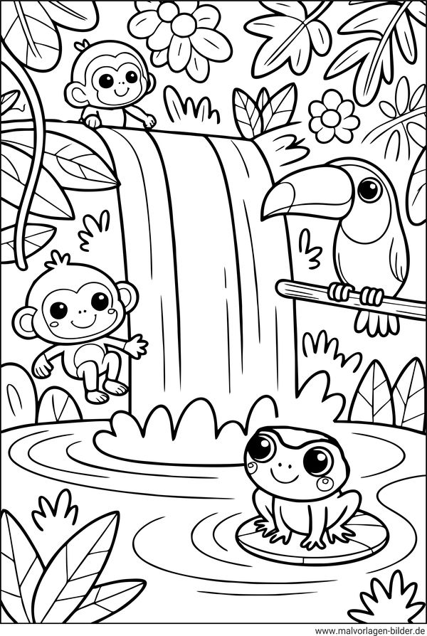 Ausmalbild Dschungel Wasserfall und Tiere