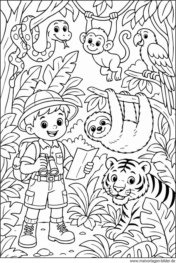 Ausmalbild Forscher und Tiere im Dschungel