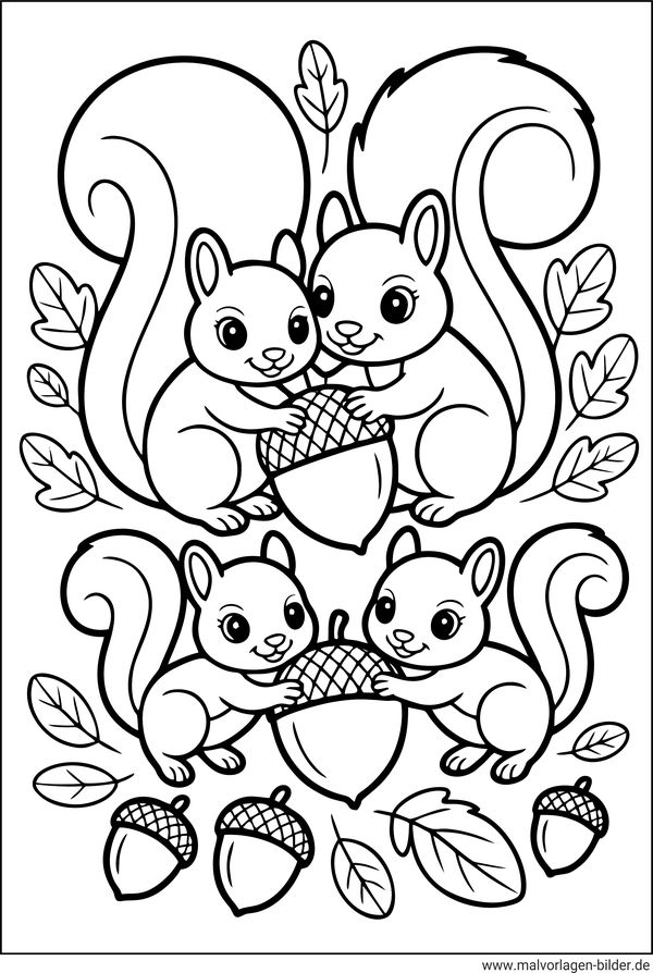 Ausmalbild Eichhörnchen beim Nüsse sammeln