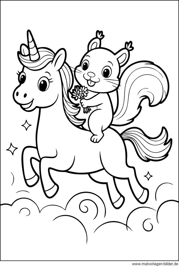 Ausmalbild Eichhörnchen und das Einhorn