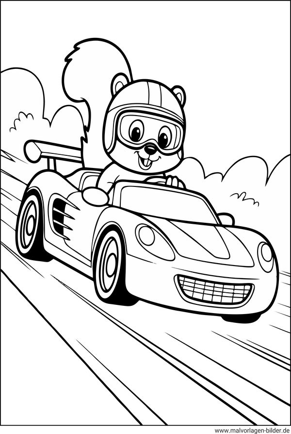 Ausmalbild Eichhörnchen fährt ein Auto