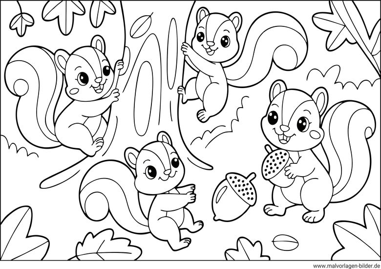 Ausmalbild vier Eichhörnchen