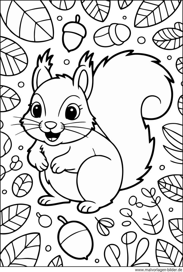 Eichhörnchen Blätter und Nüsse Ausmalbild