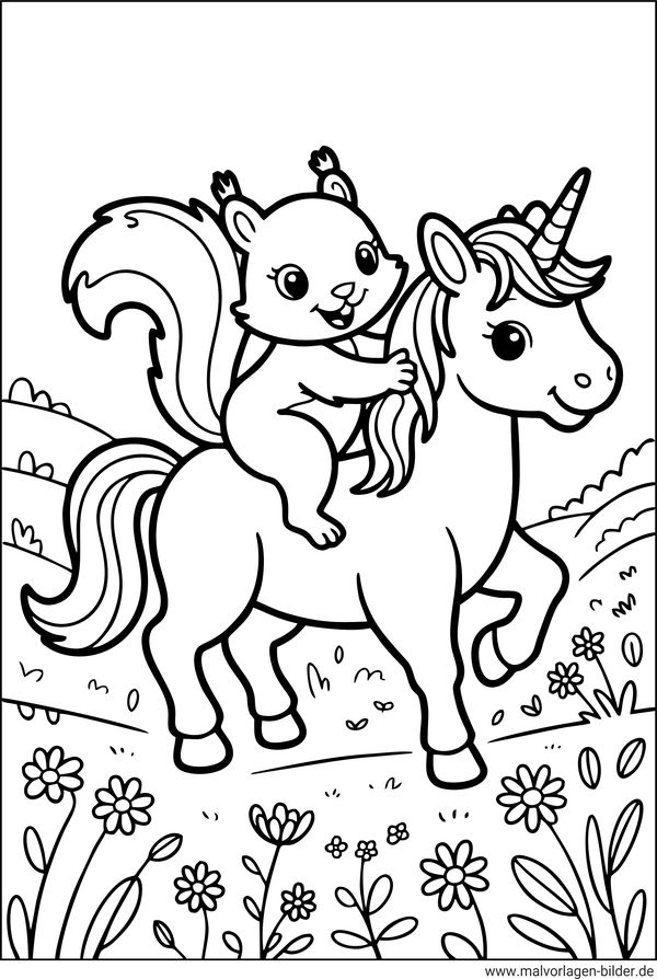 Eichhörnchen und Einhorn Malvorlage für Kinder