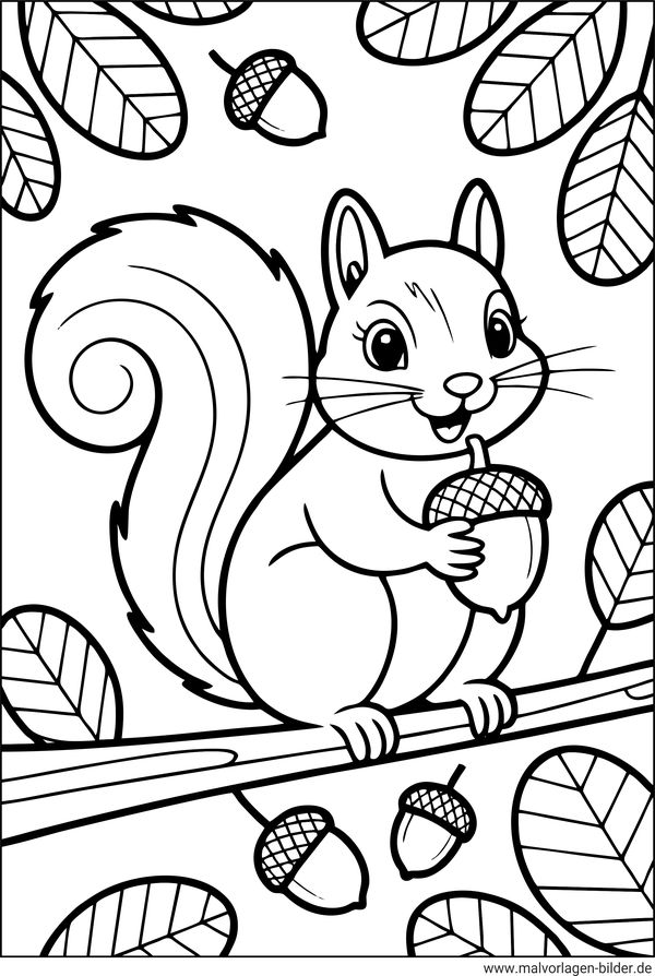 Eichhörnchen mit einer Nuss Ausmalbild für Kinder