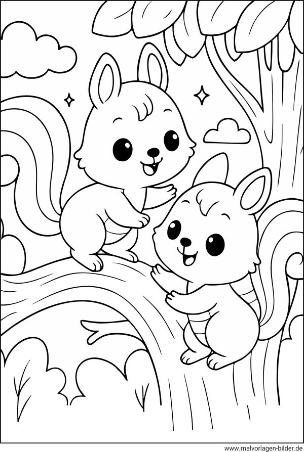 Eichhörnchen spielen auf einem Baum Ausmalbild