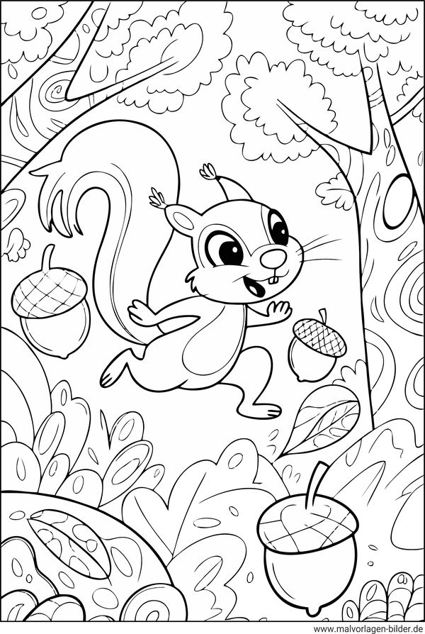 Eichhörnchen springt durch den Wald lustiges Ausmalbild