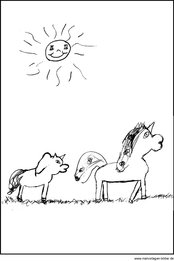 Kinder Zeichnung - Sonne mit zwei Einhörnern