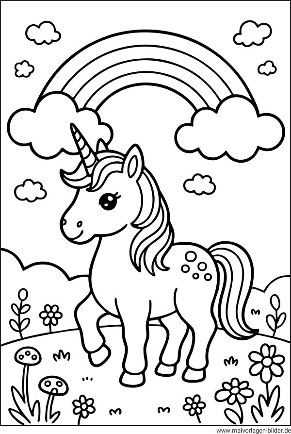Einhorn und ein Regenbogen am Himmel Ausmalbild