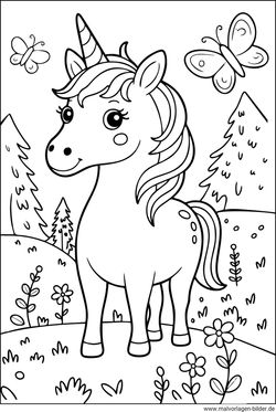 Einhorn und zwei kleine Schmetterlinge zum Ausmalen