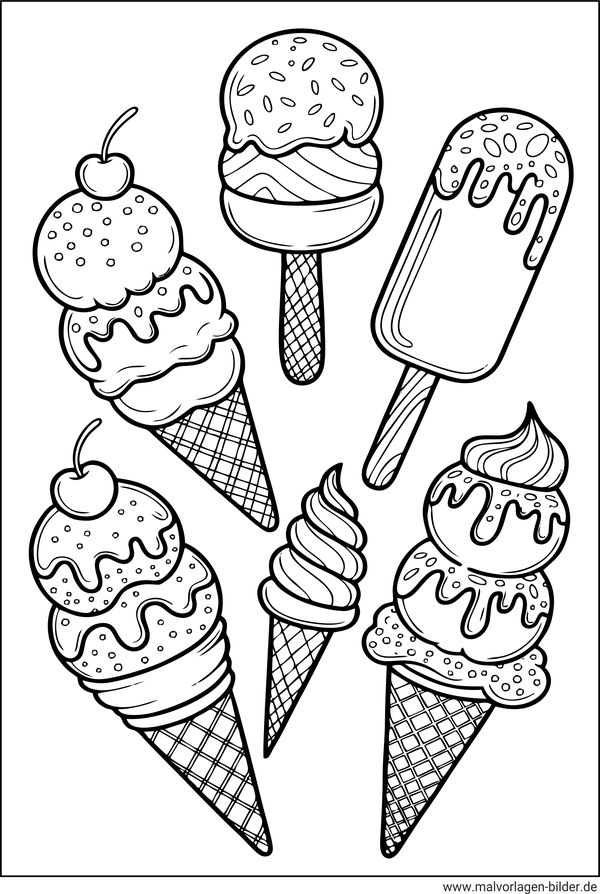 Ausmalbild Eissorten in der Waffel und am Stiel