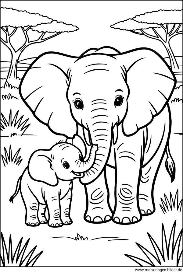 Ausmalbild Elefant mit Elefantenbaby