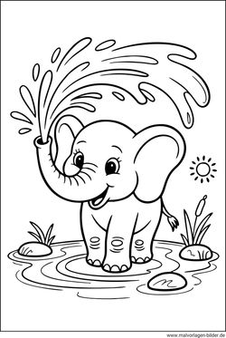 Elefant spritzt mit seinem Rüssel Ausmalbild