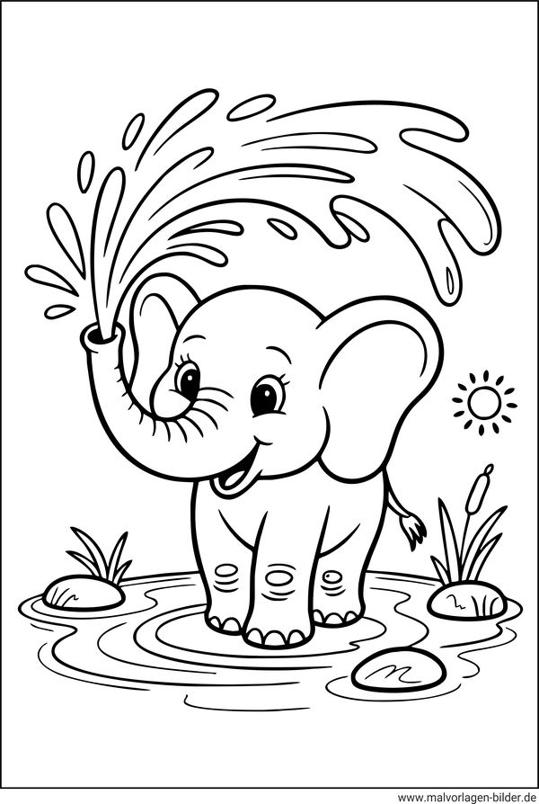 Elefant spritzt Wasser Ausmalbild
