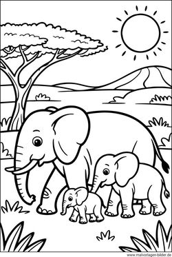 Elefantenfamilie in Afrika Ausmalbild für Kinder