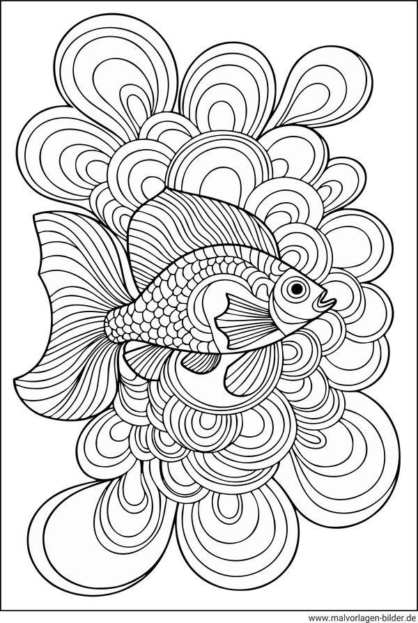 Ausmalbild Erwachsene mit Fisch und Muster