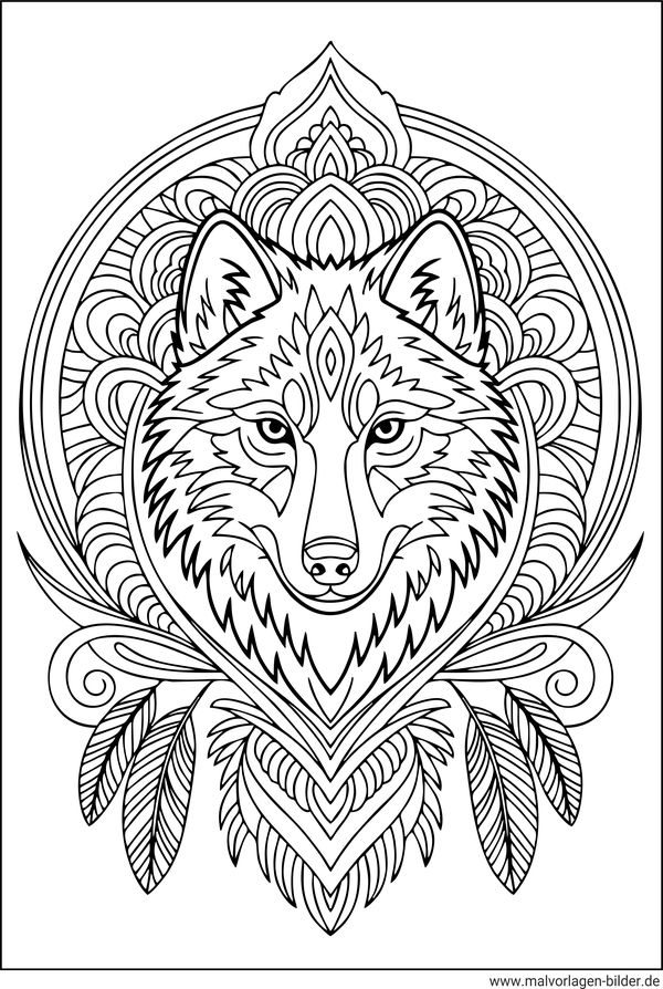 Ausmalbild Erwachsene Wolf mit Muster