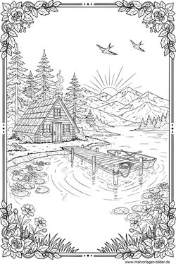 Haus mit Steg See Ausmalbild Erwachsene