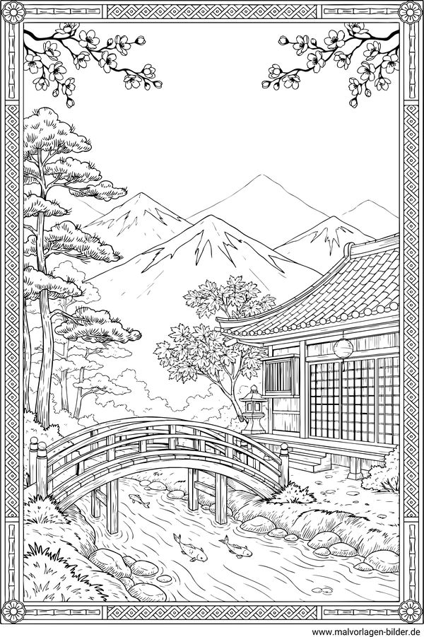 Japanische Landschaft Ausmalbild Erwachsene