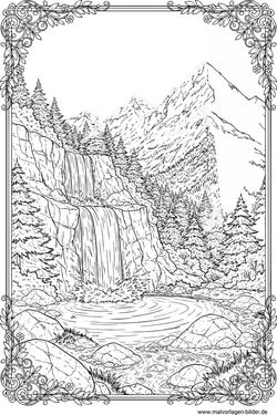 Wasserfall in den Bergen Ausmalbild Erwachsene