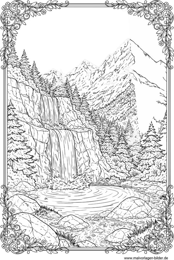 Wasserfall Landschaft in den Bergen Ausmalbild Erwachsene