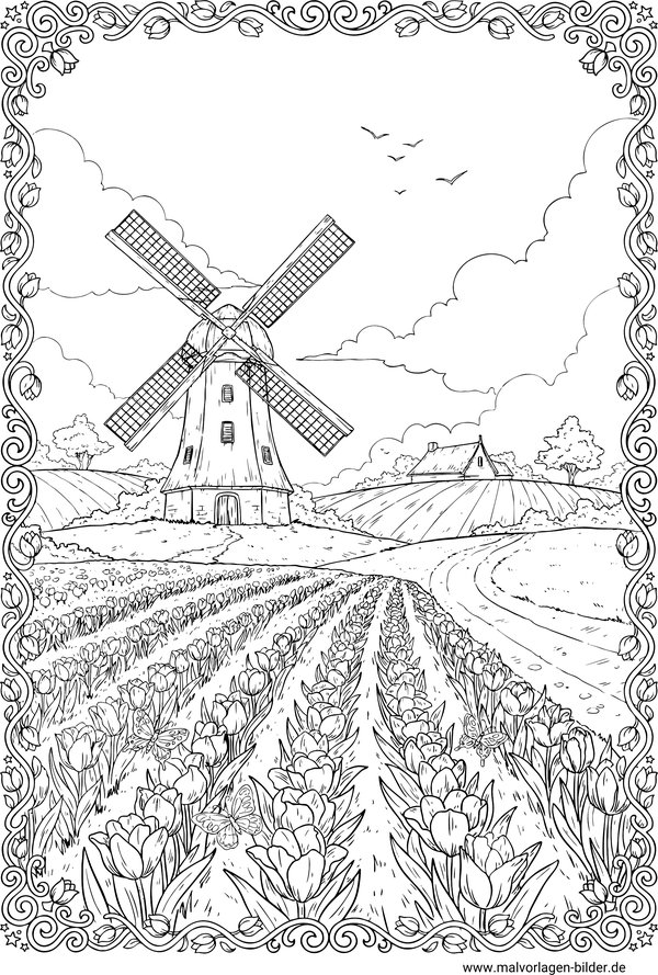 Windmühle Holland Ausmalbild Erwachsene