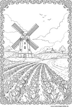 Windmühle und Tulpen Landschaft Ausmalbild für Erwachsene