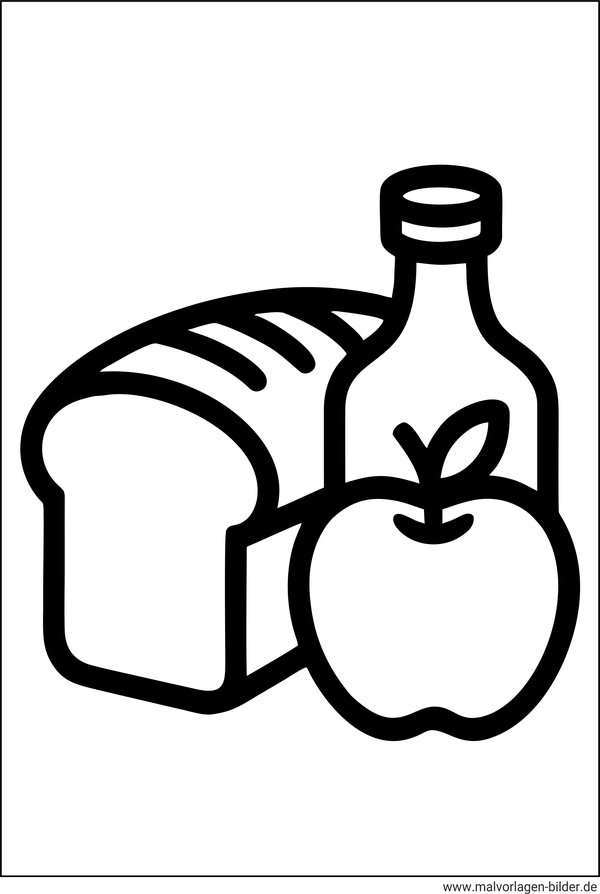Ausmalbild Brot Apfel und Milch