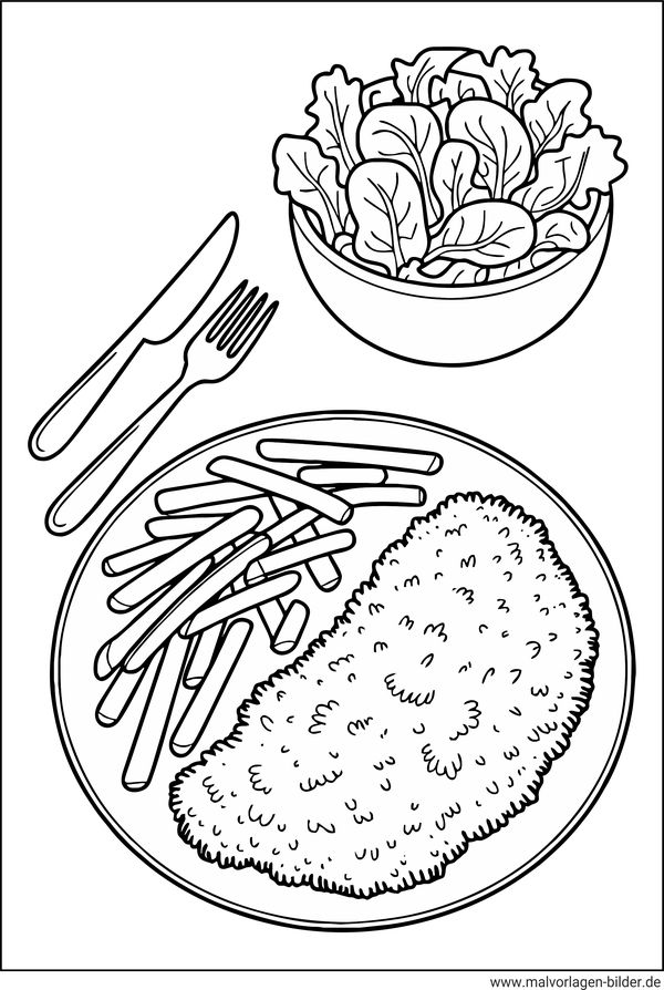 Ausmalbild Essen Schnitzel Pommfritz und Salat