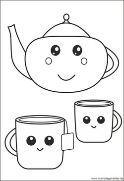 Ausmalbild Teekanne und Teetassen Kawaii