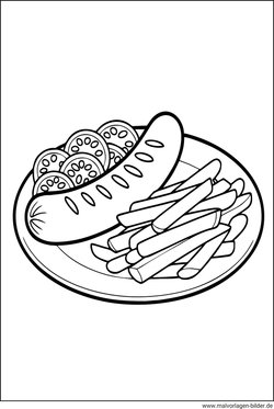 Bratwurst und Pommes Malvorlage ausdrucken