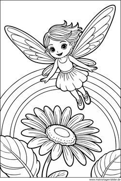 Fee Regenbogen und eine Blume als Ausmalbild