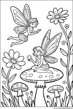 Feen Pilze Blumen und eine Wiese Ausmalbild