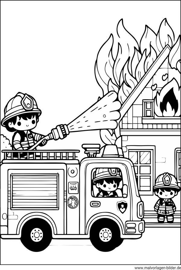 Ausmalbild Feuerwehr löscht ein Haus