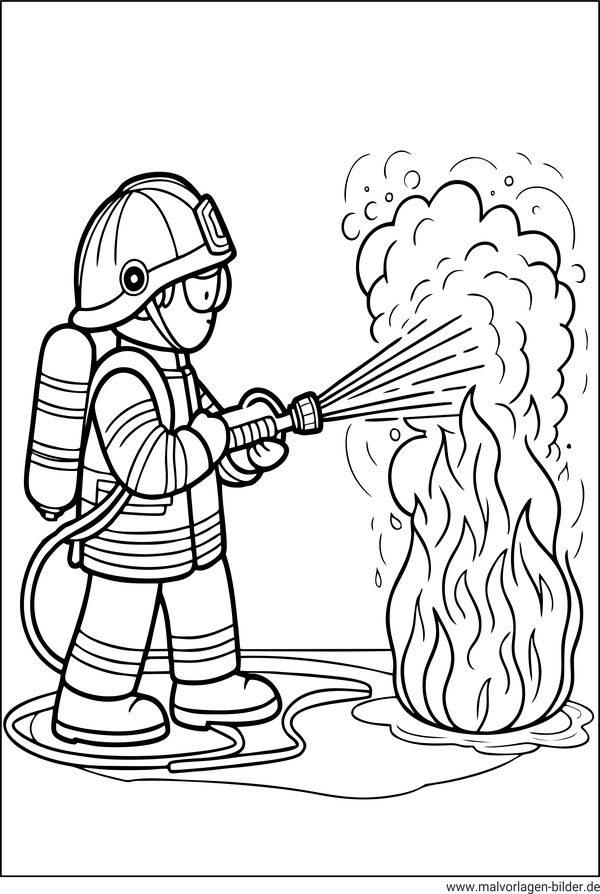 Ausmalbild Feuerwehrmann im Einsatz