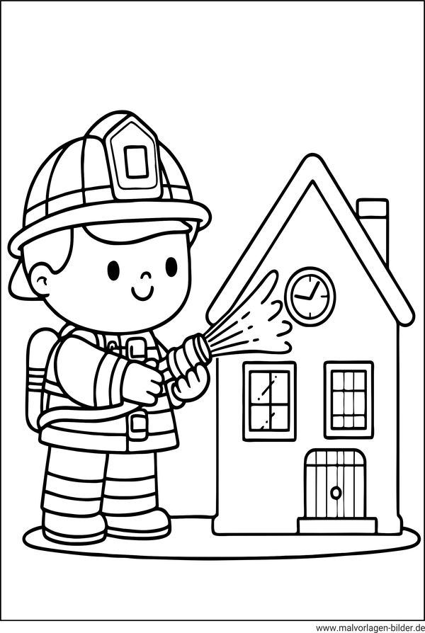 Ausmalbild Feuerwehrmann löscht ein Feuer im Haus