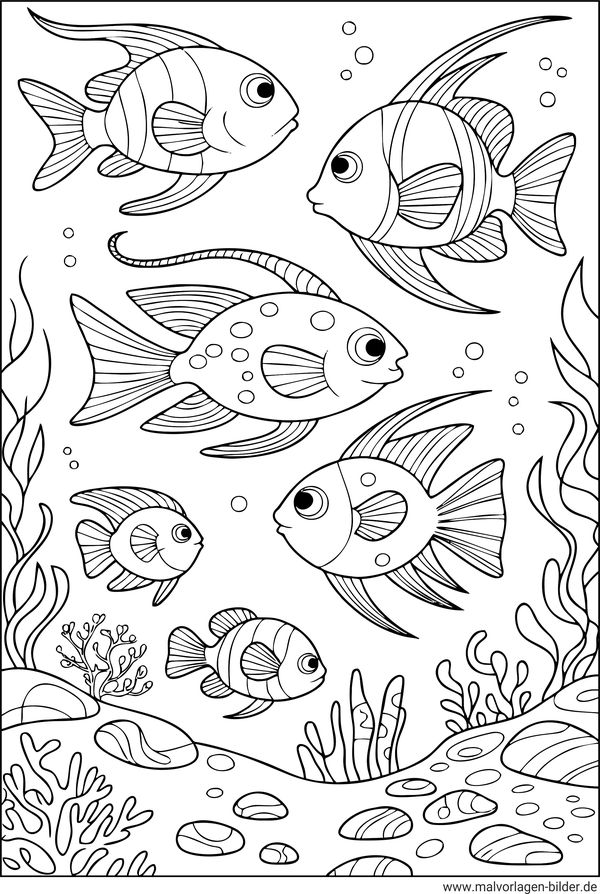 Ausmalbild Fische im Meer für Kinder