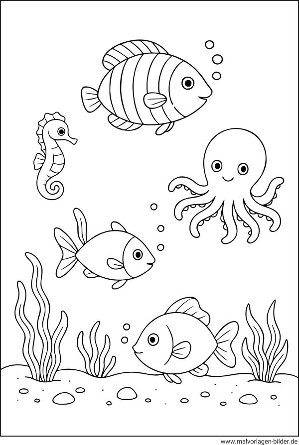 Ausmalbild Fische Seepferdchen Krake