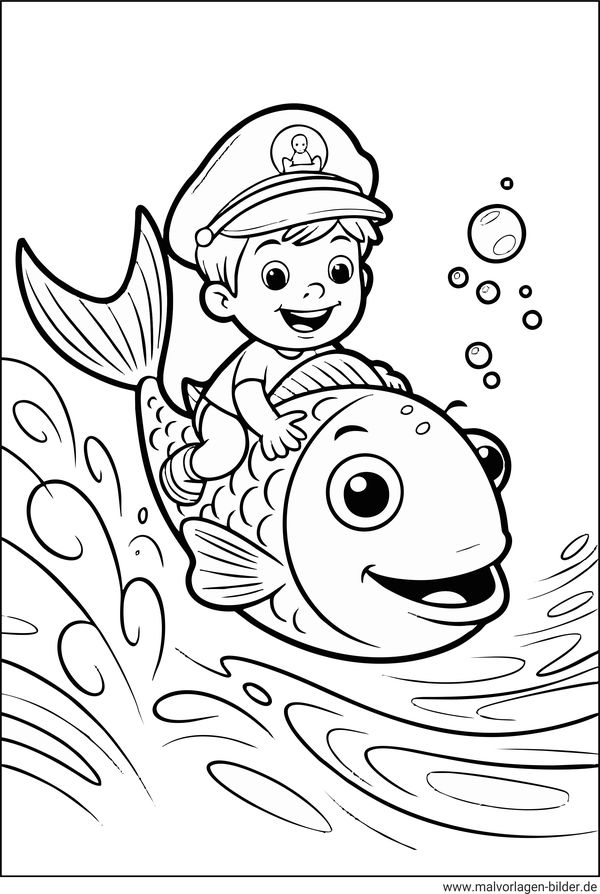 Ausmalbild Junge auf einem Fisch