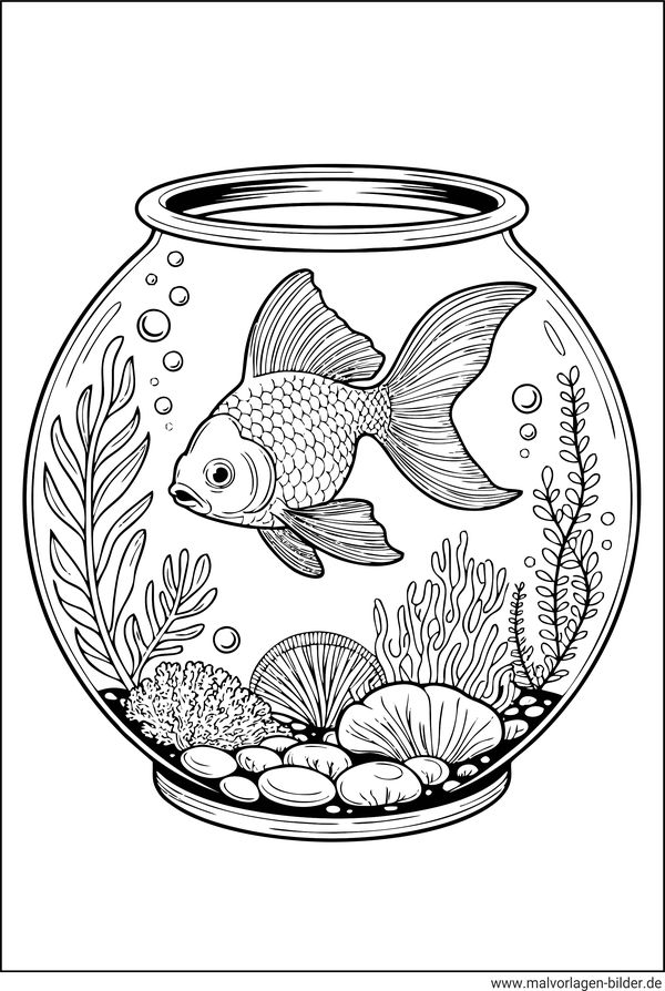 Ausmalbild rundes Aquarium Fisch