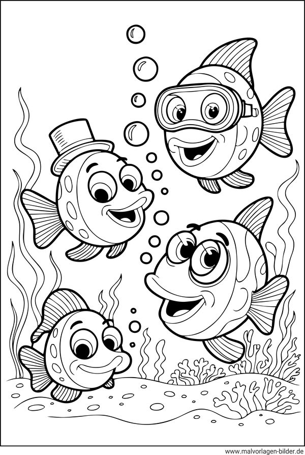 lustige Fische Comic-Ausmalbild