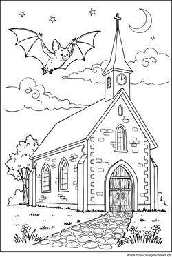 Ausmalbild Fledermaus fliegt über eine Kirche