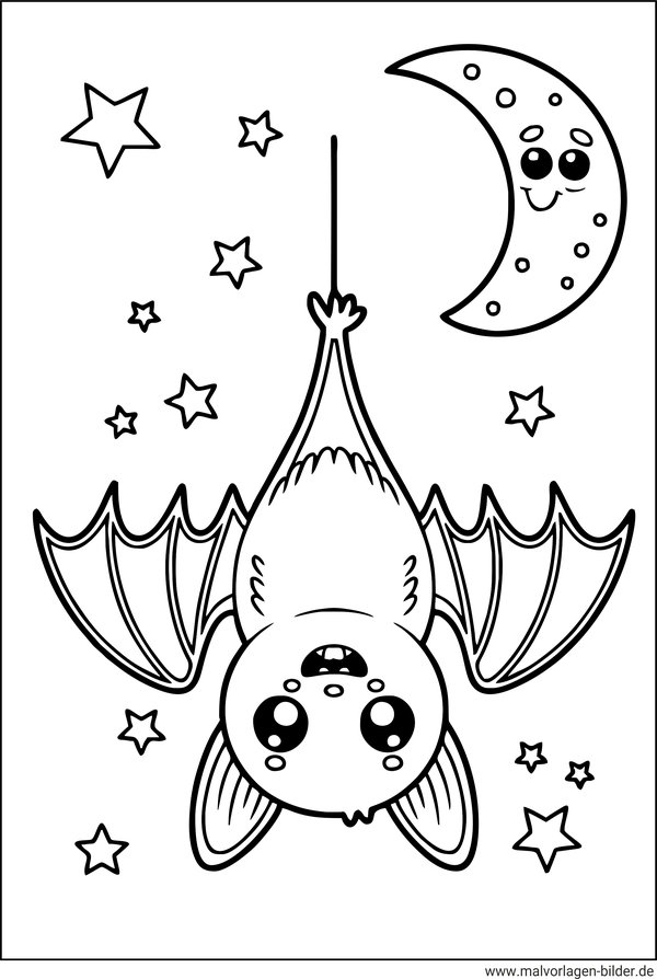Ausmalbild Fledermaus hängt auf dem Kopf