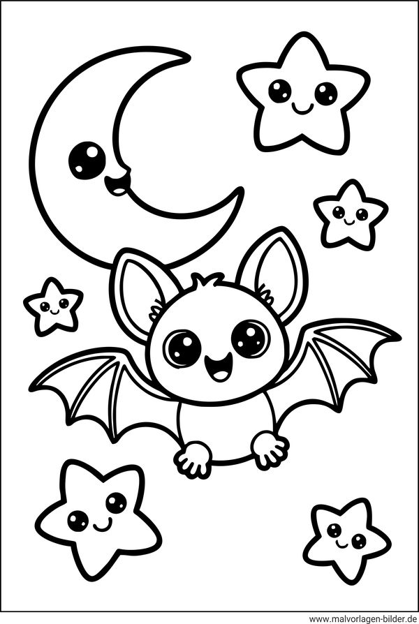 Ausmalbild Fledermaus Mond und Sterne
