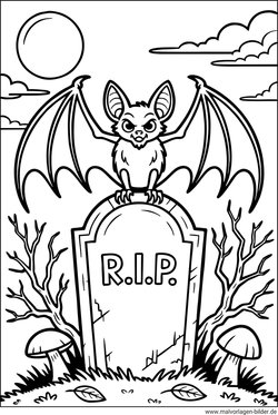 Fledermaus auf einem Friedhof Ausmalbild
