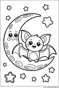 Fledermaus, Mond und die Sterne Ausmalbild für Kinder
