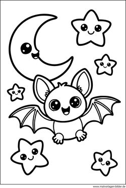 Fledermaus Mond und Sterne Malvorlage für Kinder
