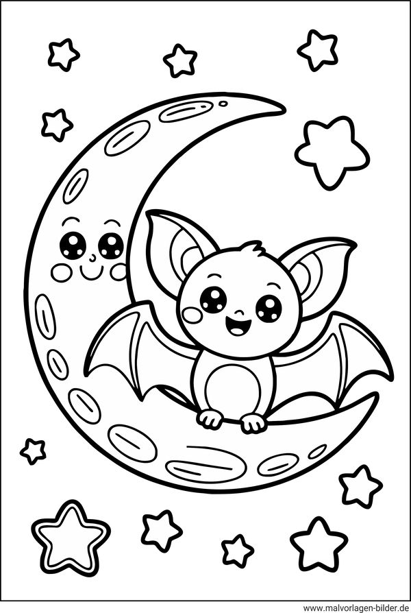 Malvorlage Fledermaus sitzt auf dem Mond
