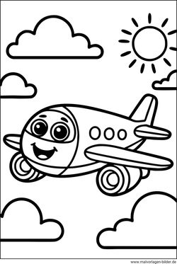 Flugzeug Wolken und die Sonne Ausmalbild für Kinder