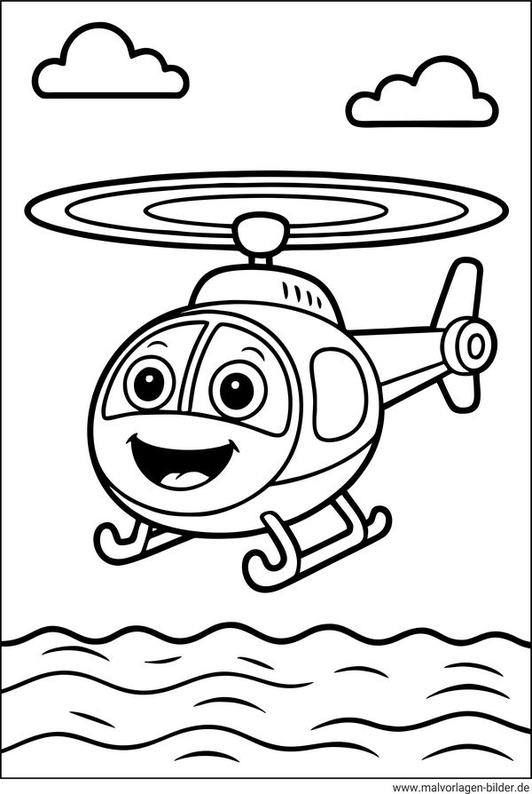 Hubschrauber fliegt übers Meer Ausmalbild